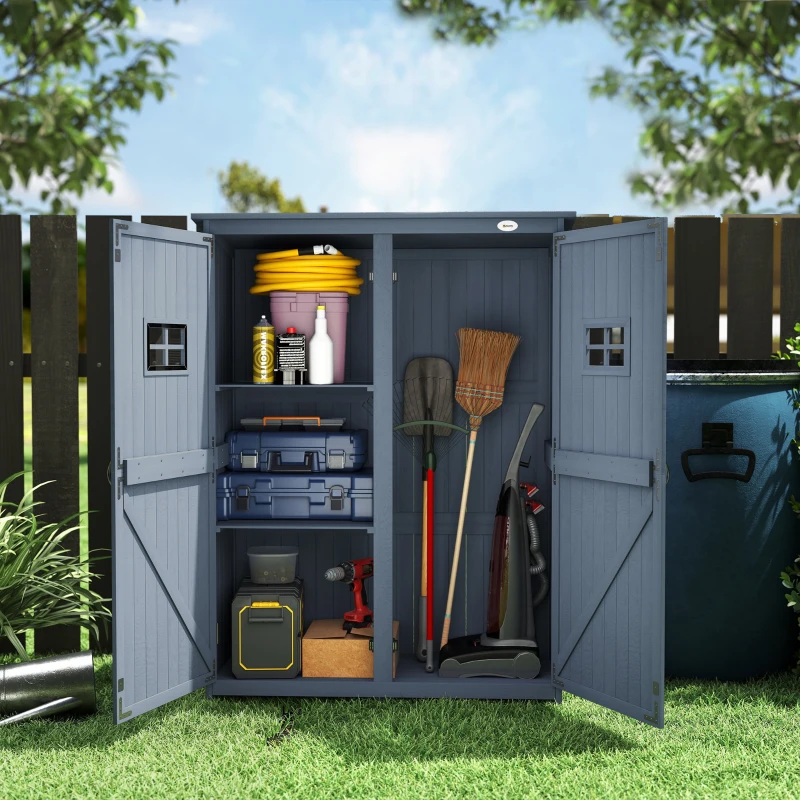 Outsunny 4x1.5ft Wooden Garden Storage Shed, Outdoor Tool Cabinet Organizer with Windows and Double Door, Dark Grey
