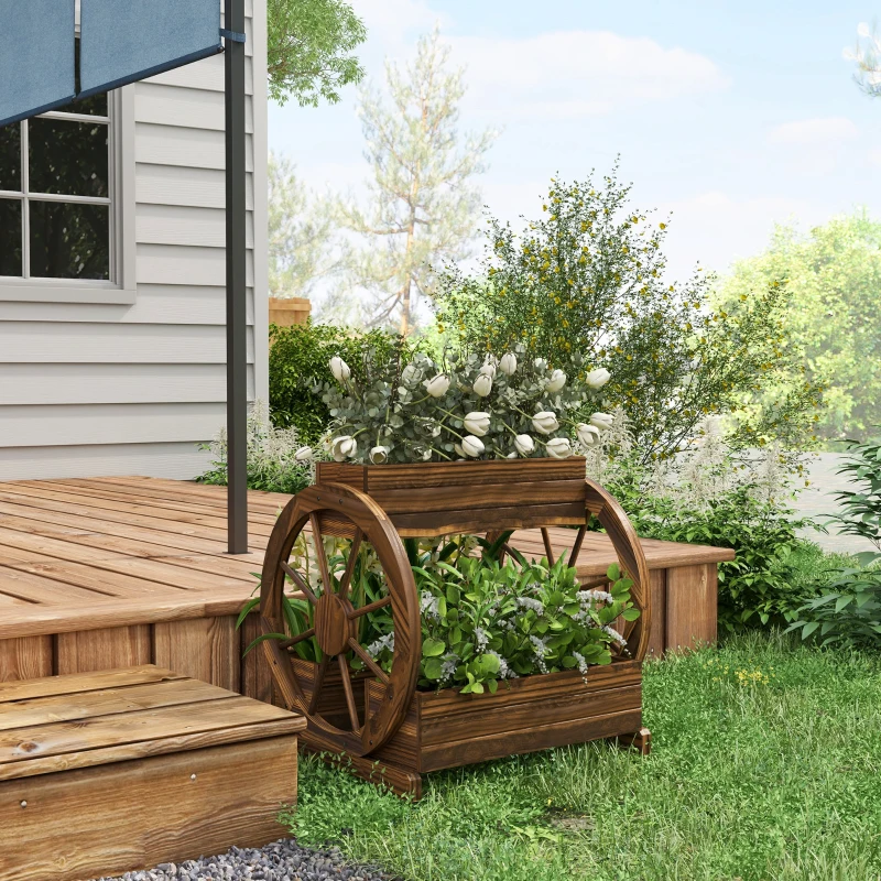 Outsunny 2-Tier Raised Garden Bed, Wooden Wagon Planter Boxes with Drainage Holes, for Vegetables Flowers Herbs, Carbonized