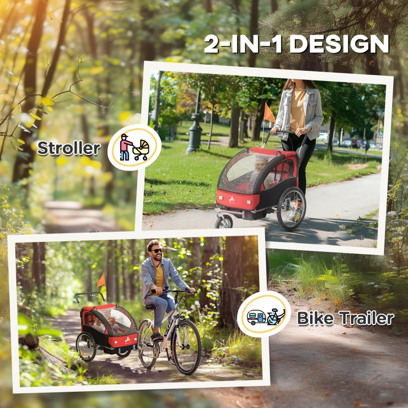 Aosom 2-in-1 Bike Trailer for Kids, Foldable 2-Seat Baby Stroller with 5-Point Harness, Rubber Wheels, Storage Bag, Red