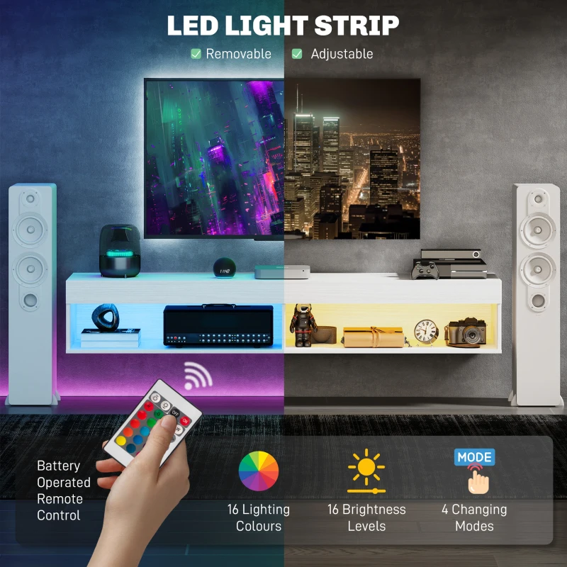 HOMCOM Modern Wall Mounted TV Stand with Storage and LED Lights for TVs up to 75", Floating TV Shelf for Living Room, White