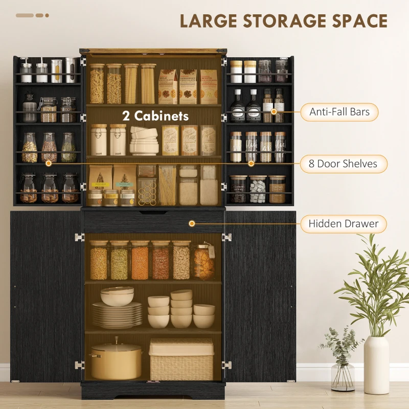 HOMCOM 72" Kitchen Pantry Cabinet, Farmhouse Storage Cabinet with 4 Doors, Drawer, 8 Door Shelves and Adjustable Shelf, Black
