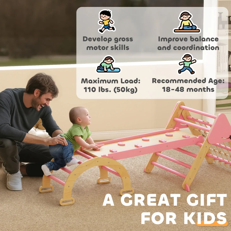 Qaba 8-in-1 Pikler Triangle Set, Foldable Wooden Climbing Toys with Arch, Ramp and Ladder for Ages 18-48 Mouths, Pink