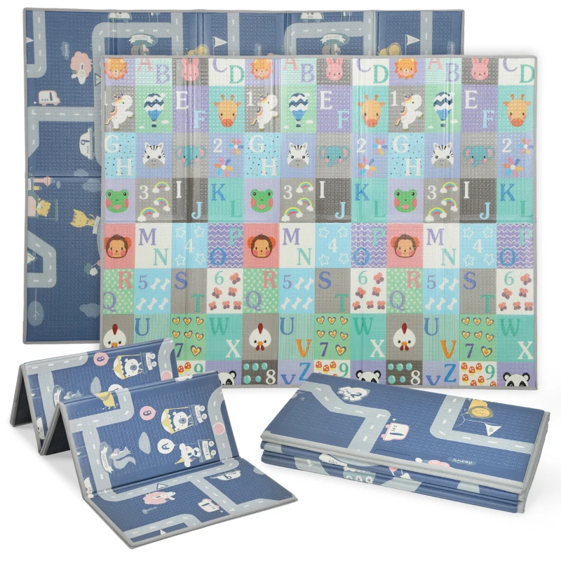 Qaba Foldable Baby Plat Mat, 79" x 59" Kids Floor Mat for Crawling and Learning, Alphabet & Track Theme