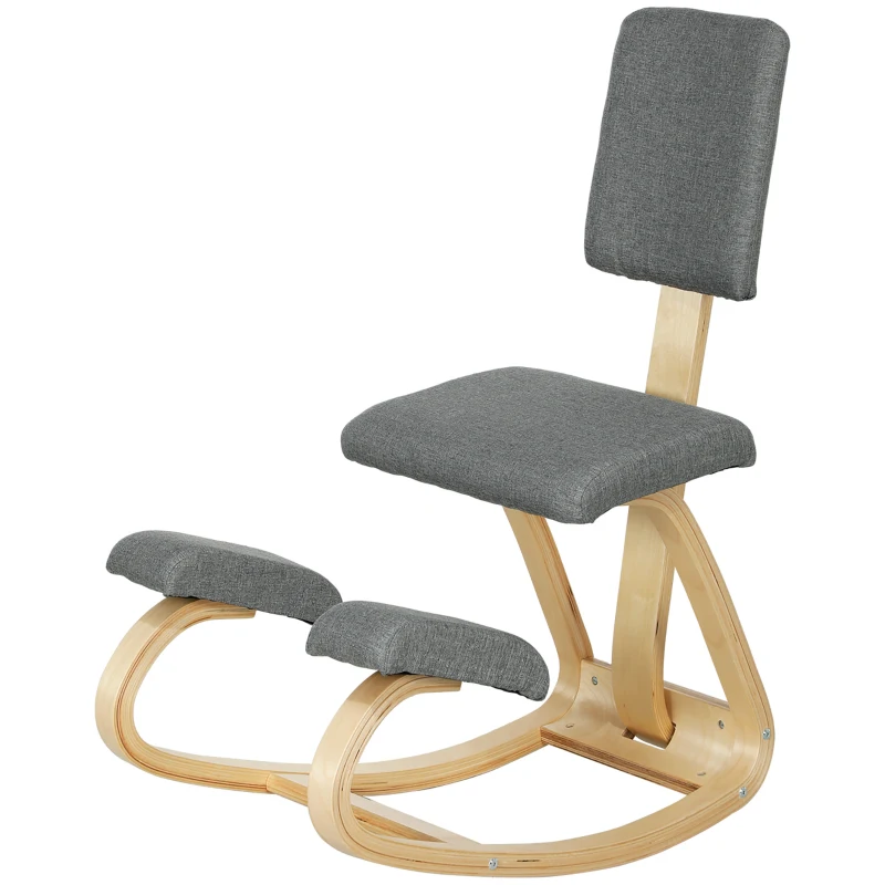 HOMCOM Ergonomic Kneeling Chair, Rocking Wood Kneel Stool with Backrest for Improve Posture, Back Pain, Grey