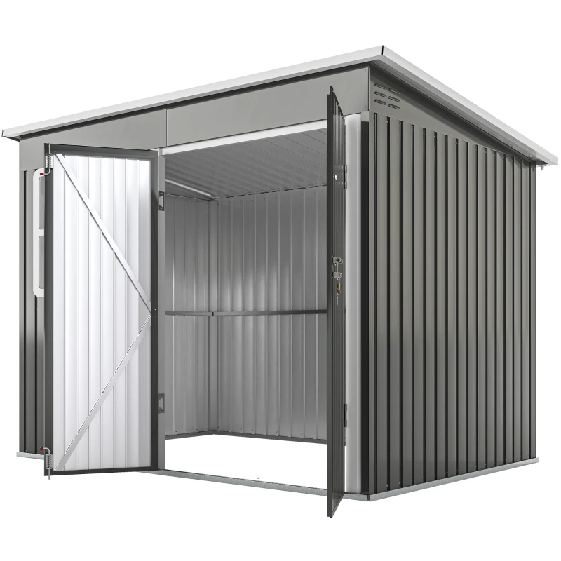 Outsunny 8.5' x 6' Galvanised Steel Outdoor Storage Shed, Garden Shed with Window, Lockable Wide Doors and Air Vents, Grey