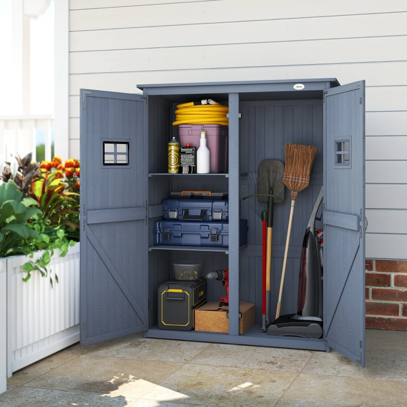 Outsunny 4x1.5ft Wooden Garden Storage Shed, Outdoor Tool Cabinet Organizer with Windows and Double Door, Dark Grey