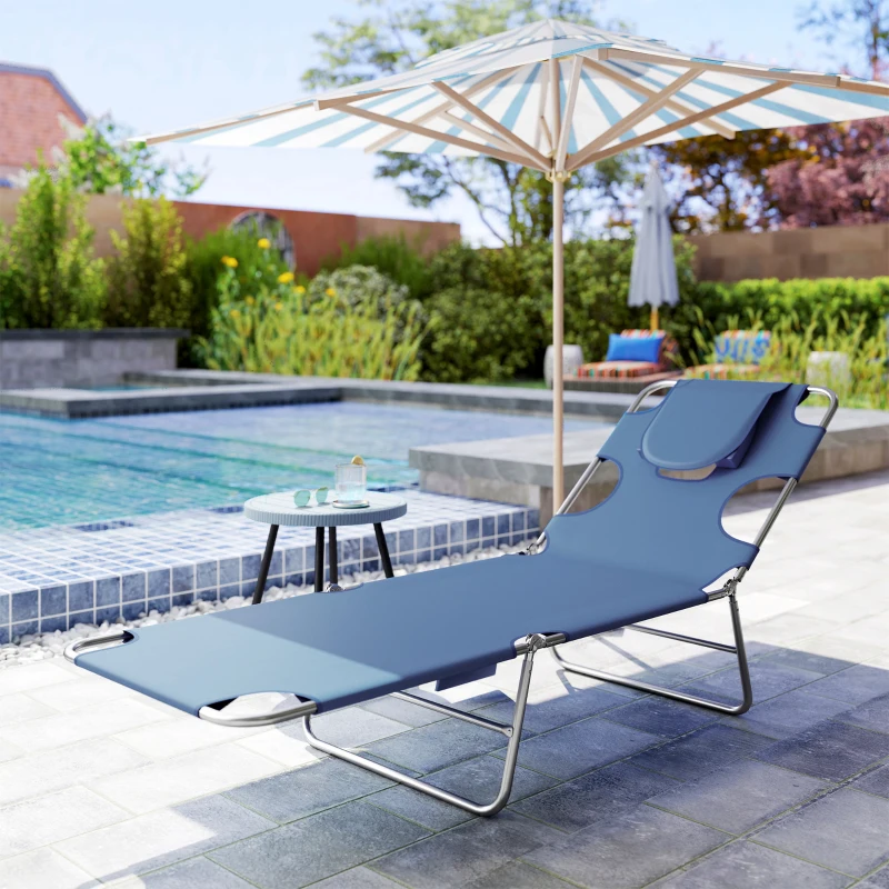 Outsunny Folding Outdoor Chaise Lounge Sun Tanning Chair with Face Cavity, Pillow, 5-level Adjustable for Beach, Pool, Gray