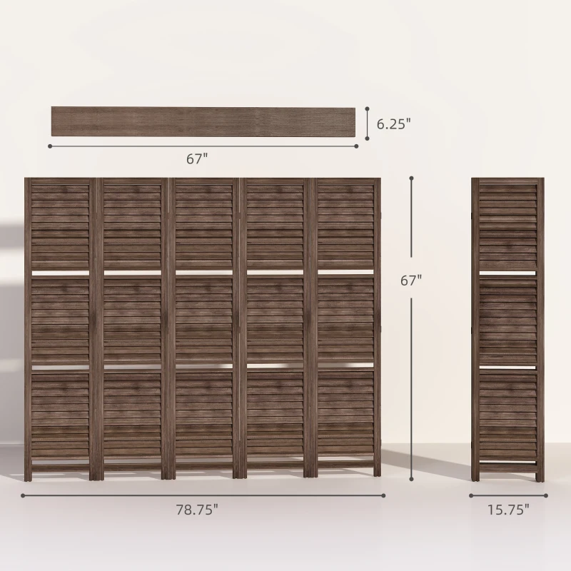 HOMCOM 5 Panel 67" Tall Wood Privacy Screen Room Divider with 3 Shelves and Folding Storage for Bedroom, Walnut