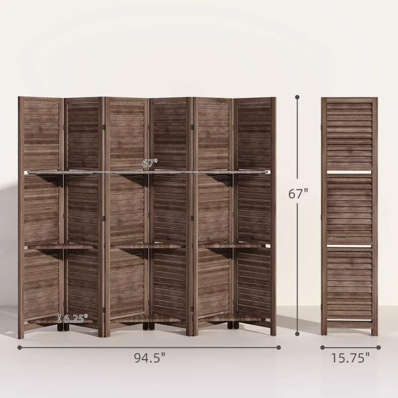 HOMCOM 6 Panel 67" Tall Wood Privacy Screen Room Divider with 3 Shelves and Folding Storage for Bedroom, Walnut