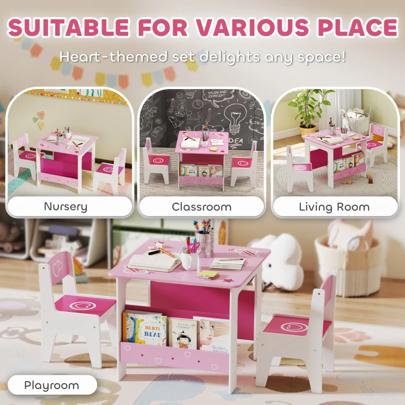 Qaba 3 Pieces Kids Table and Chair Set with Bookshelves, for Classroom, Home, Nursery, Playroom, for Read, Draw, Art, Pink