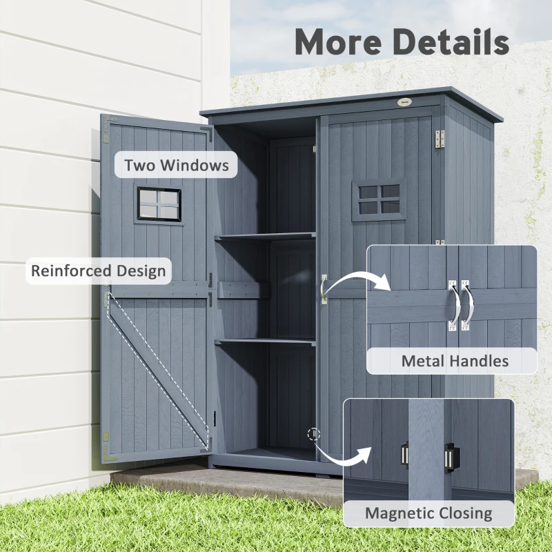 Outsunny 4x1.5ft Wooden Garden Storage Shed, Outdoor Tool Cabinet Organizer with Windows and Double Door, Dark Grey