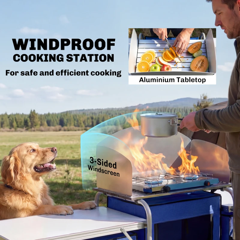 Outsunny Aluminum Camping Kitchen, Portable Folding Camping Table with Fabric Cupboards, Windshield, Bag for BBQ, Picnic, Blue