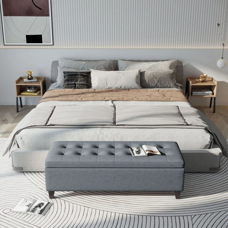 HOMCOM Rectangular Entry Bench, Tufted Upholstered Linen Fabric Wood Feet Storage Ottoman Bench, Grey