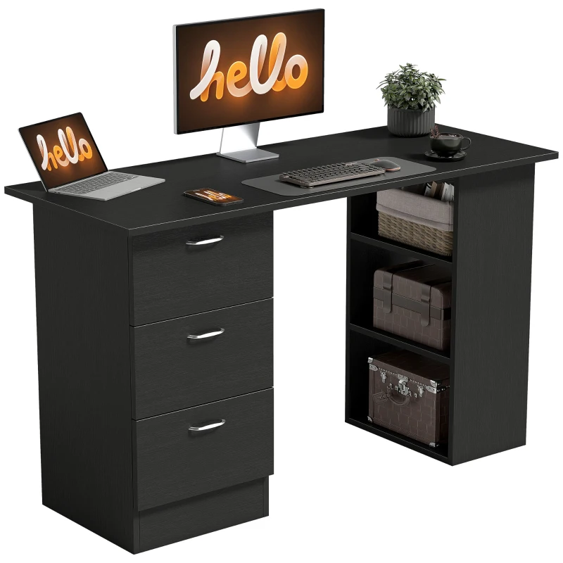HOMCOM Computer Desk, 47" Writing Table with 3-Tier Shelves and 3 Reversible Drawers for Home Office, Bedroom, Black