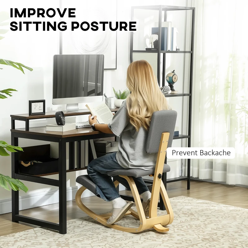 HOMCOM Ergonomic Kneeling Chair, Rocking Wood Kneel Stool with Backrest for Improve Posture, Back Pain, Grey