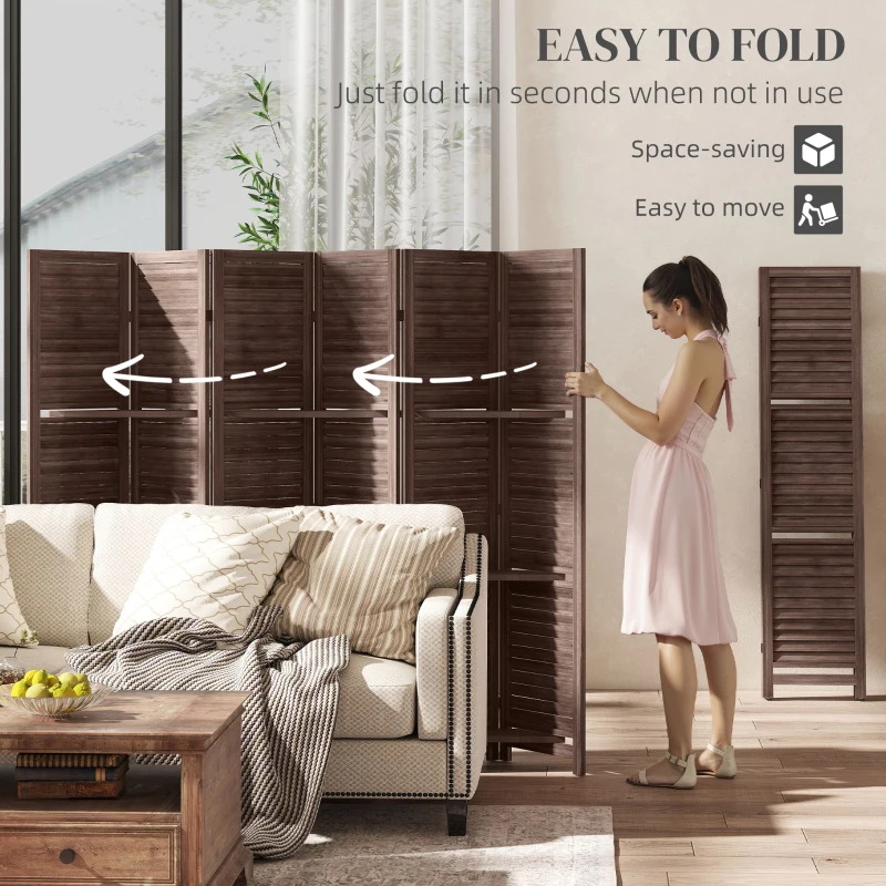 HOMCOM 6 Panel 67" Tall Wood Privacy Screen Room Divider with 3 Shelves and Folding Storage for Bedroom, Walnut
