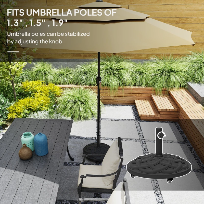 Outsunny Round Patio Umbrella Base with Wheels, 44 lbs Resin Umbrella Stand Base, Heavy Duty Patio Umbrella Holder for 1.3"/1.5"/1.9" Umbrella Poles for Outdoor, Lawn, Poolside, Black