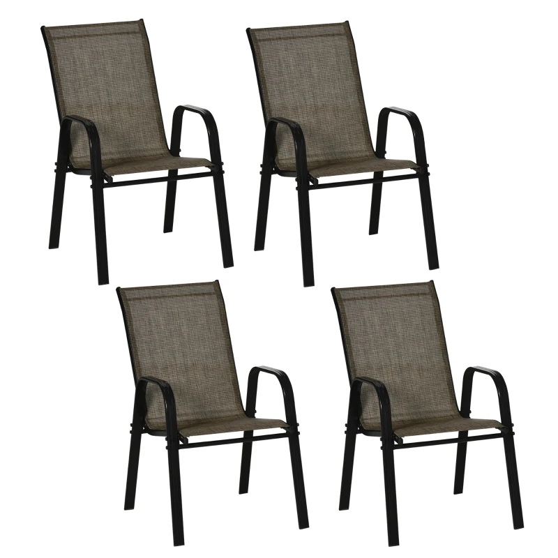 Outsunny Set of 4 Outdoor Dining Chairs, Heavy Duty Stackable Patio Dining Set with Armrests for Balcony Garden, Brown and Black
