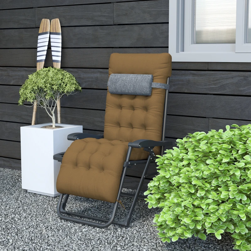 Outsunny Padded Folding Recliner Chair, Patio Lounger with Cupholder, Adjustable Backrest, Removable Cushion, Light Khaki