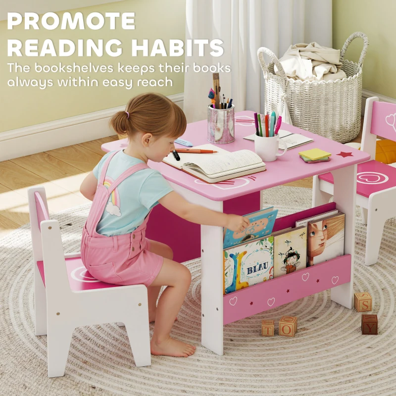 Qaba 3 Pieces Kids Table and Chair Set with Bookshelves, for Classroom, Home, Nursery, Playroom, for Read, Draw, Art, Pink