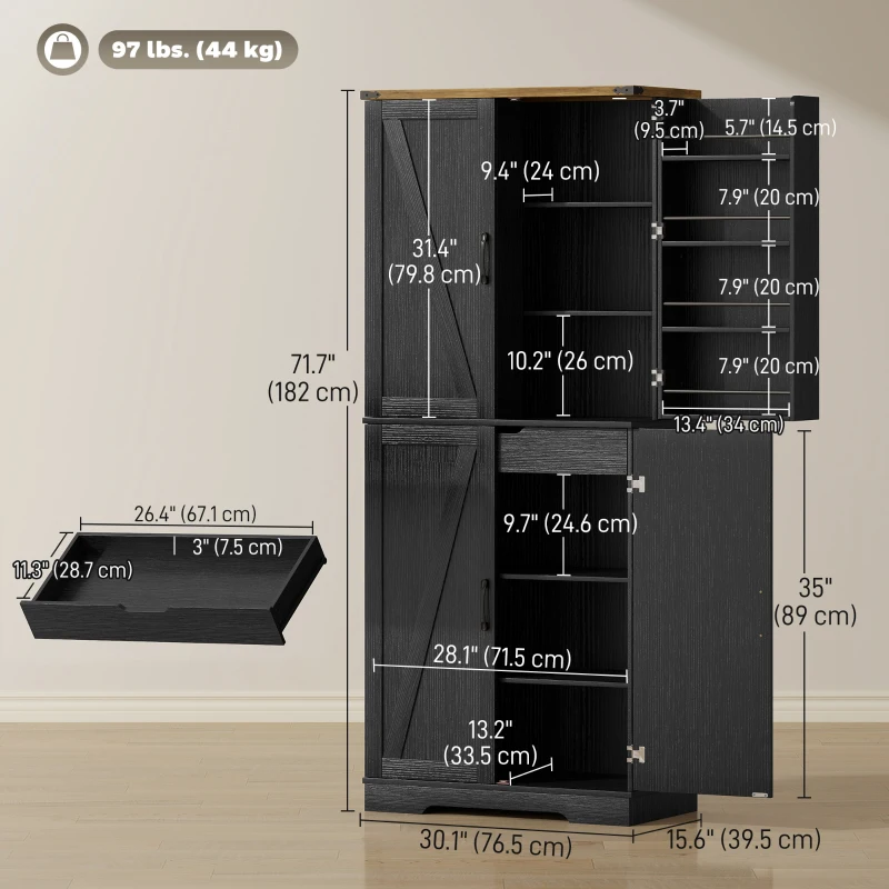 HOMCOM 72" Kitchen Pantry Cabinet, Farmhouse Storage Cabinet with 4 Doors, Drawer, 8 Door Shelves and Adjustable Shelf, Black