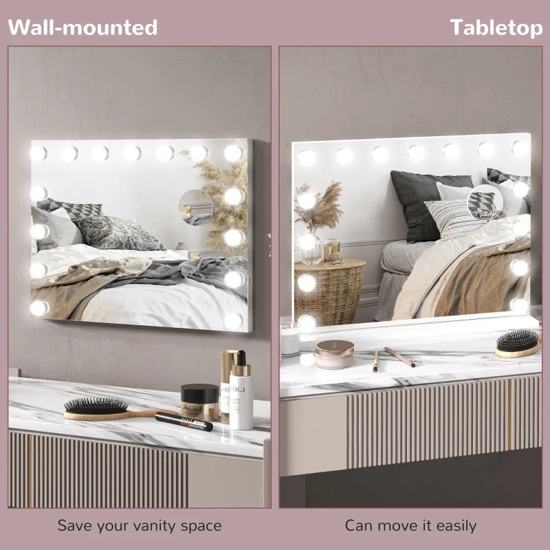 HOMCOM Hollywood Makeup Mirror with Lights, 3 Lighting Modes, USB Charging Port, Tabletop or Wall Mounted, White