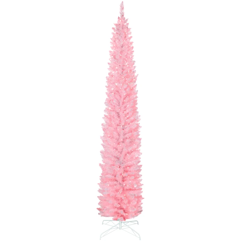 HOMCOM 9ft Christmas Tree with Colourful DIY Synchronized LEDs, Hinged Pencil Xmas Tree with Remote, Daily Timer, White