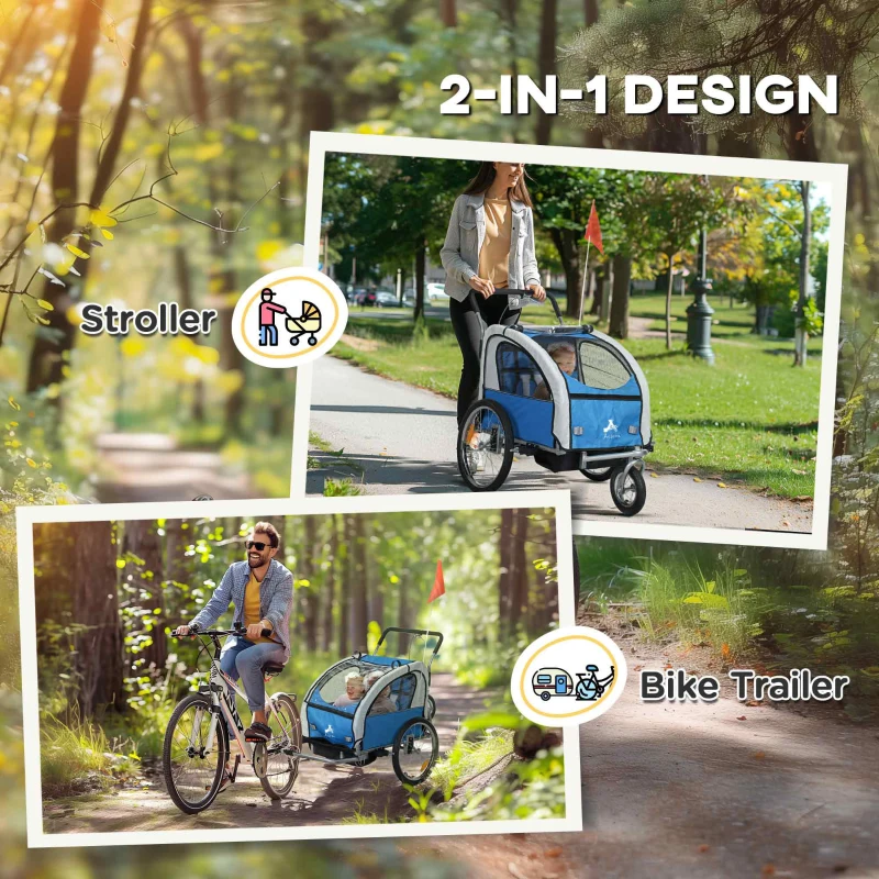 Aosom 2-in-1 Bike Trailer for Kids, Foldable 2-Seat Baby Stroller with 5-Point Harness, Rubber Wheels, Storage Bag, Blue