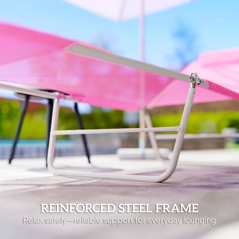 Outsunny Outdoor Lounge Chair, Portable Reclining Seat, Folding Chaise Lounge, Tanning Chair Bed with Pillow, Pink