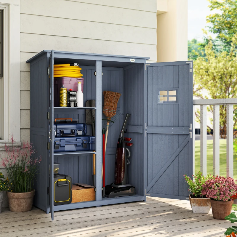 Outsunny 4x1.5ft Wooden Garden Storage Shed, Outdoor Tool Cabinet Organizer with Windows and Double Door, Dark Grey