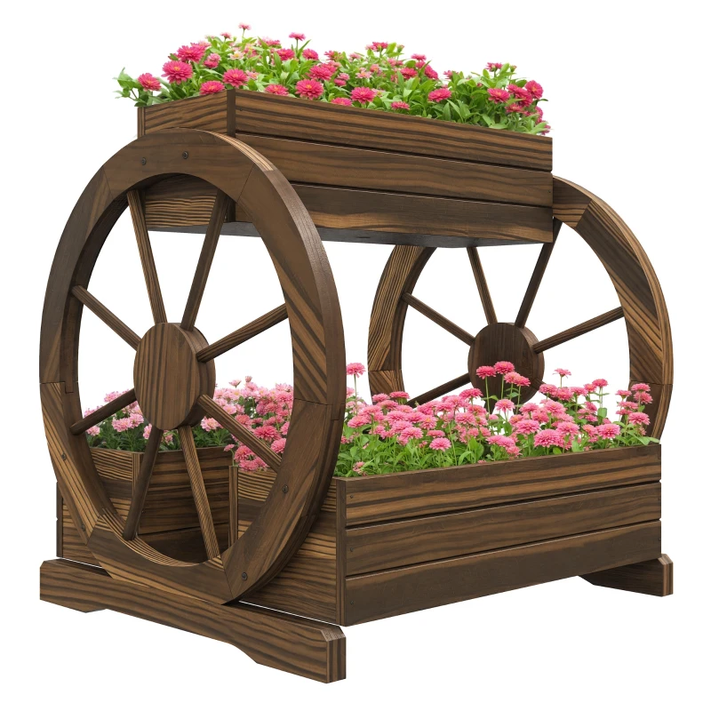 Outsunny 2-Tier Raised Garden Bed, Wooden Wagon Planter Boxes with Drainage Holes, for Vegetables Flowers Herbs, Carbonized