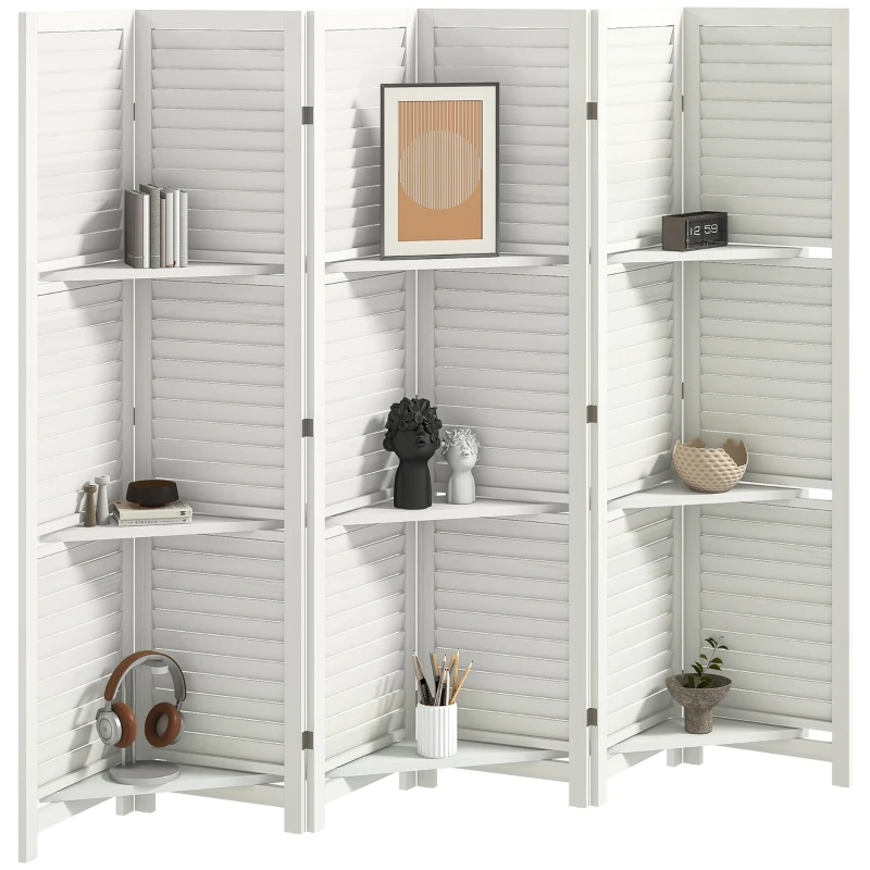 HOMCOM 6 Panel 67" Tall Wood Privacy Screen Room Divider with 3 Shelves and Folding Storage for Bedroom, White