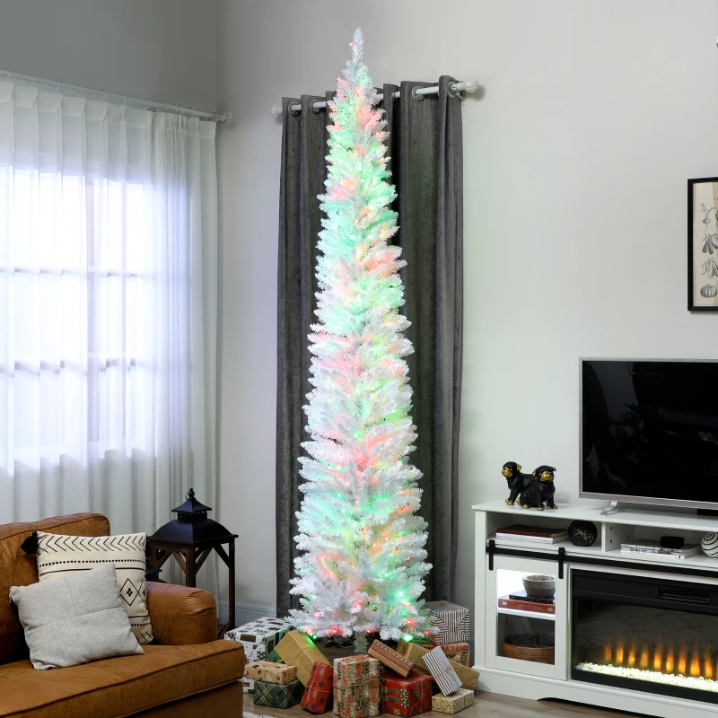 HOMCOM 9ft Christmas Tree with Colourful DIY Synchronized LEDs, Hinged Pencil Xmas Tree with Remote, Daily Timer, White
