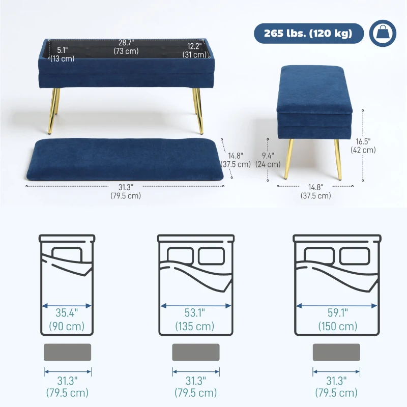 HOMCOM 31" Storage Ottoman, Velvet End of Bed Bench with Steel Legs, Foot Stool with Storage for Bedroom, Living Room