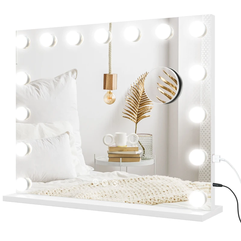 HOMCOM Hollywood Makeup Mirror with Lights, 3 Lighting Modes, USB Charging Port, Tabletop or Wall Mounted, White