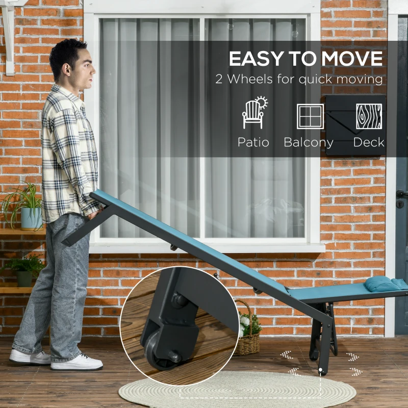 Outsunny Outdoor Lounge Chair, 5-Position Tanning Chair with Wheels, Headrest, Aluminum Frame for Poolside, Beach, Blue