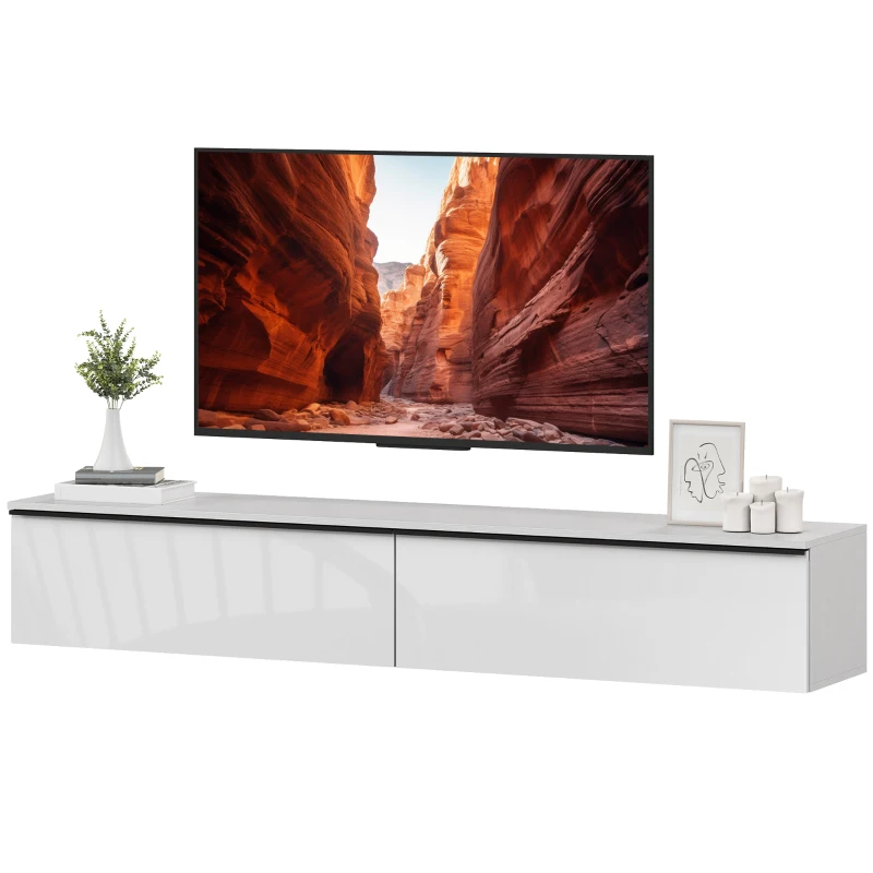 HOMCOM Wall Mounted TV Stand, Floating TV Cabinet with Storage, for TVs up to 80", High Gloss Effect, White