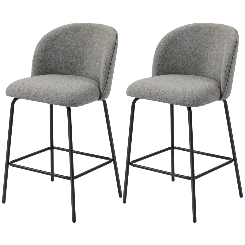 HOMCOM Set of 2 Counter Height Barstools, Upholstered Linen Bar Stools with Backrest, Footrest and Steel Legs, Dark Grey