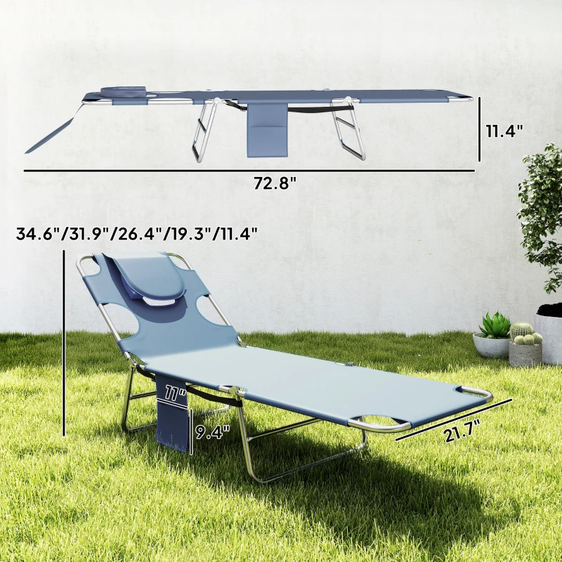 Outsunny Folding Outdoor Chaise Lounge Sun Tanning Chair with Face Cavity, Pillow, 5-level Adjustable for Beach, Pool, Gray