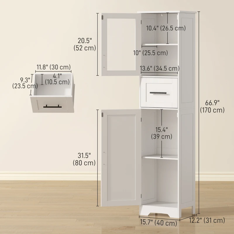 HOMCOM 67" Tall Bathroom Storage Cabinet, Freestanding Narrow Bathroom Cabinet with Adjustable Shelves, Glass Door and Drawer