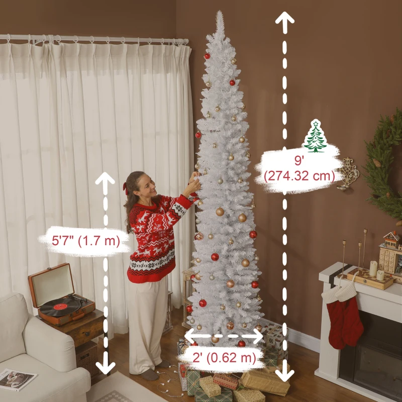 HOMCOM 9ft Christmas Tree with Colourful DIY Synchronized LEDs, Hinged Pencil Xmas Tree with Remote, Daily Timer, White