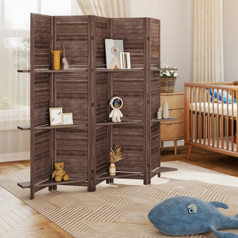HOMCOM 5 Panel 67" Tall Wood Privacy Screen Room Divider with 3 Shelves and Folding Storage for Bedroom, Walnut