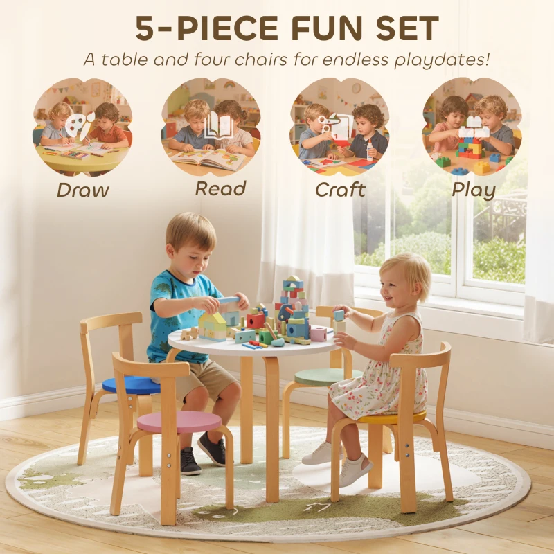 Qaba Wooden Kids Table and Chairs Set, Toddler Table and Chairs Set for 3-8 Years, Multi-Coloured