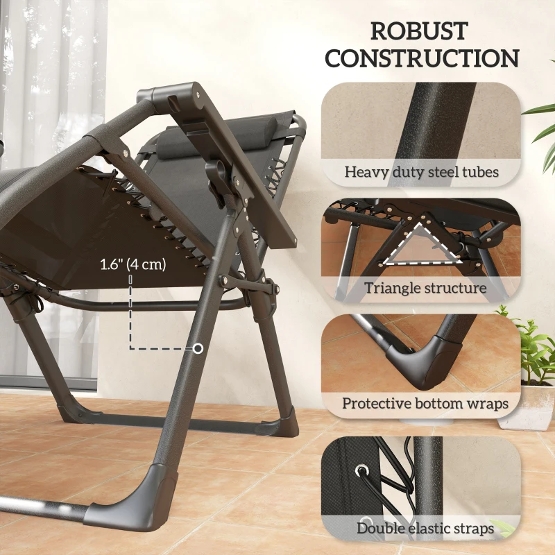 Outsunny 2pcs Reclining Zero Gravity Chair with Adjustable Backrest, Folding Garden Sun Lounger with Removable Cushion, Grey