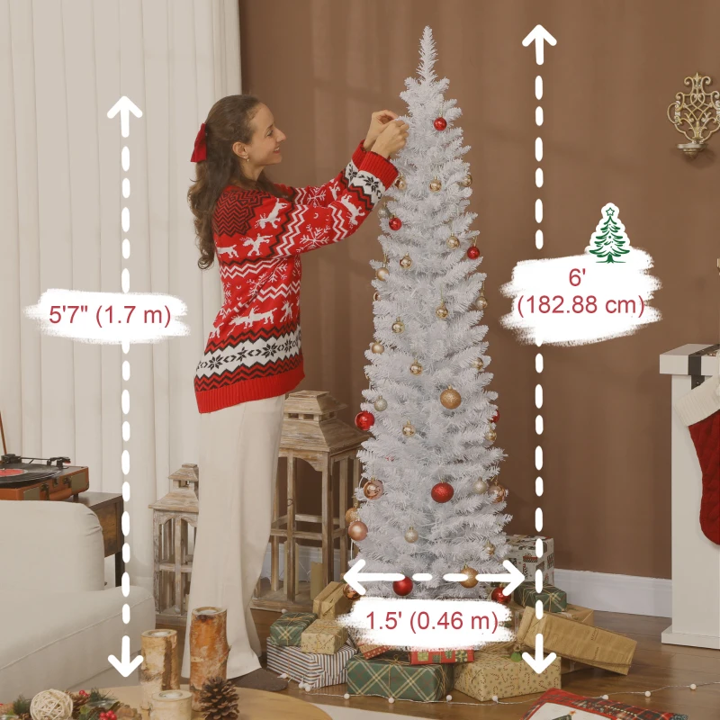 HOMCOM 6ft Christmas Tree with Colourful DIY Synchronized LEDs, Hinged Pencil Xmas Tree with Remote, Daily Timer, White