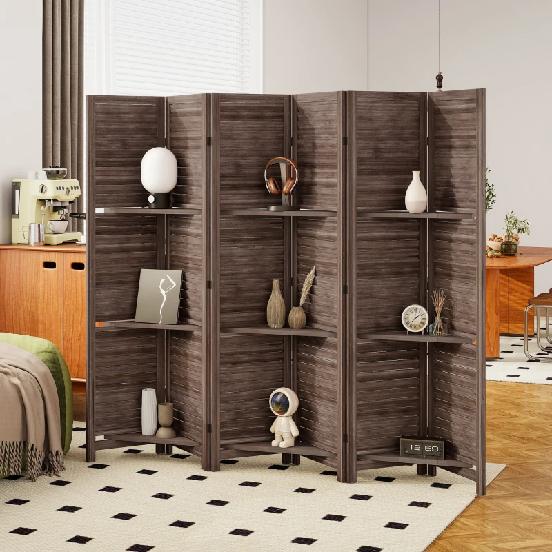 HOMCOM 6 Panel 67" Tall Wood Privacy Screen Room Divider with 3 Shelves and Folding Storage for Bedroom, Walnut