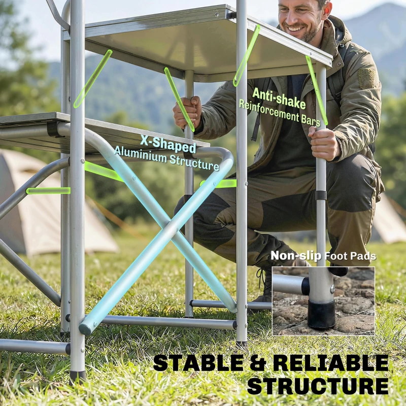 Outsunny Aluminum Camping Kitchen, Portable Folding Camping Table with Fabric Cupboards, Windshield, Bag for BBQ, Picnic, Blue