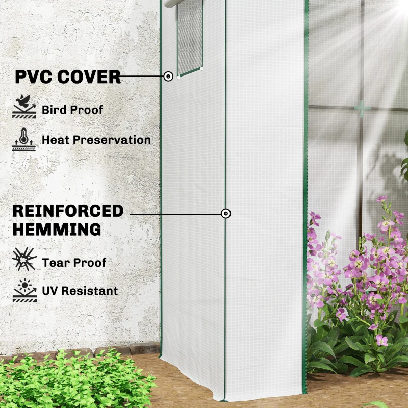 Outsunny Walk-in Tomato Greenhouse Lean-to Green House with Reinforced PE Cover, Roll-up Door, Mesh Windows, White