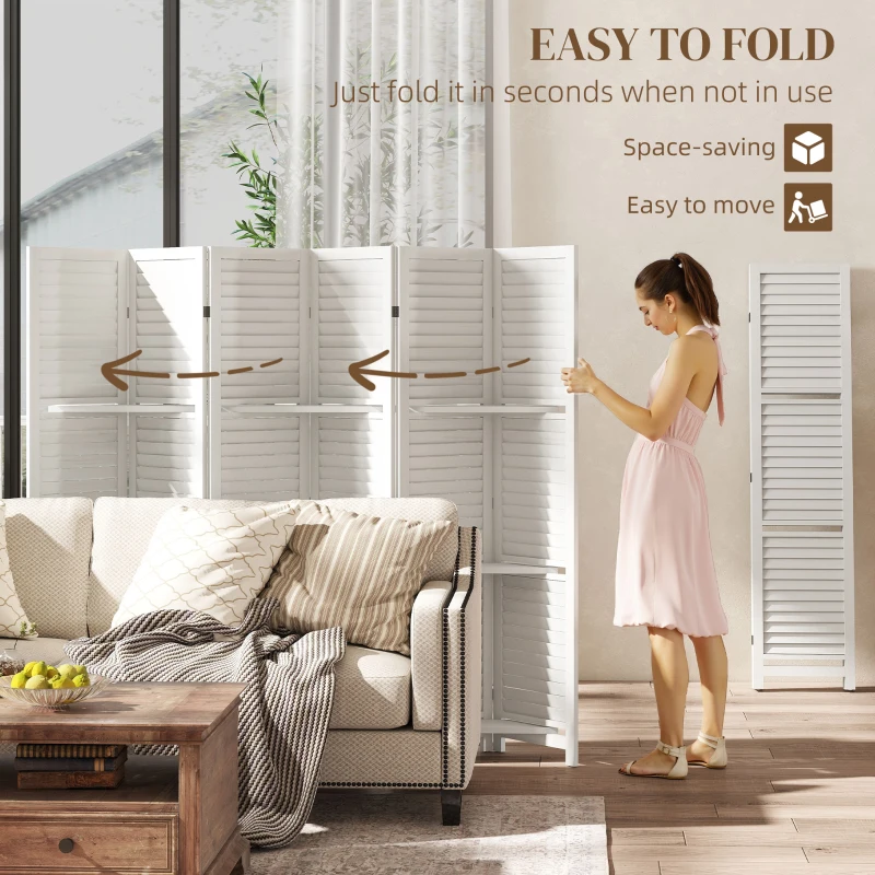 HOMCOM 6 Panel 67" Tall Wood Privacy Screen Room Divider with 3 Shelves and Folding Storage for Bedroom, White