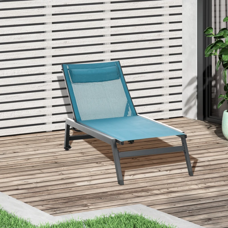 Outsunny Outdoor Lounge Chair, 5-Position Tanning Chair with Wheels, Headrest, Aluminum Frame for Poolside, Beach, Blue